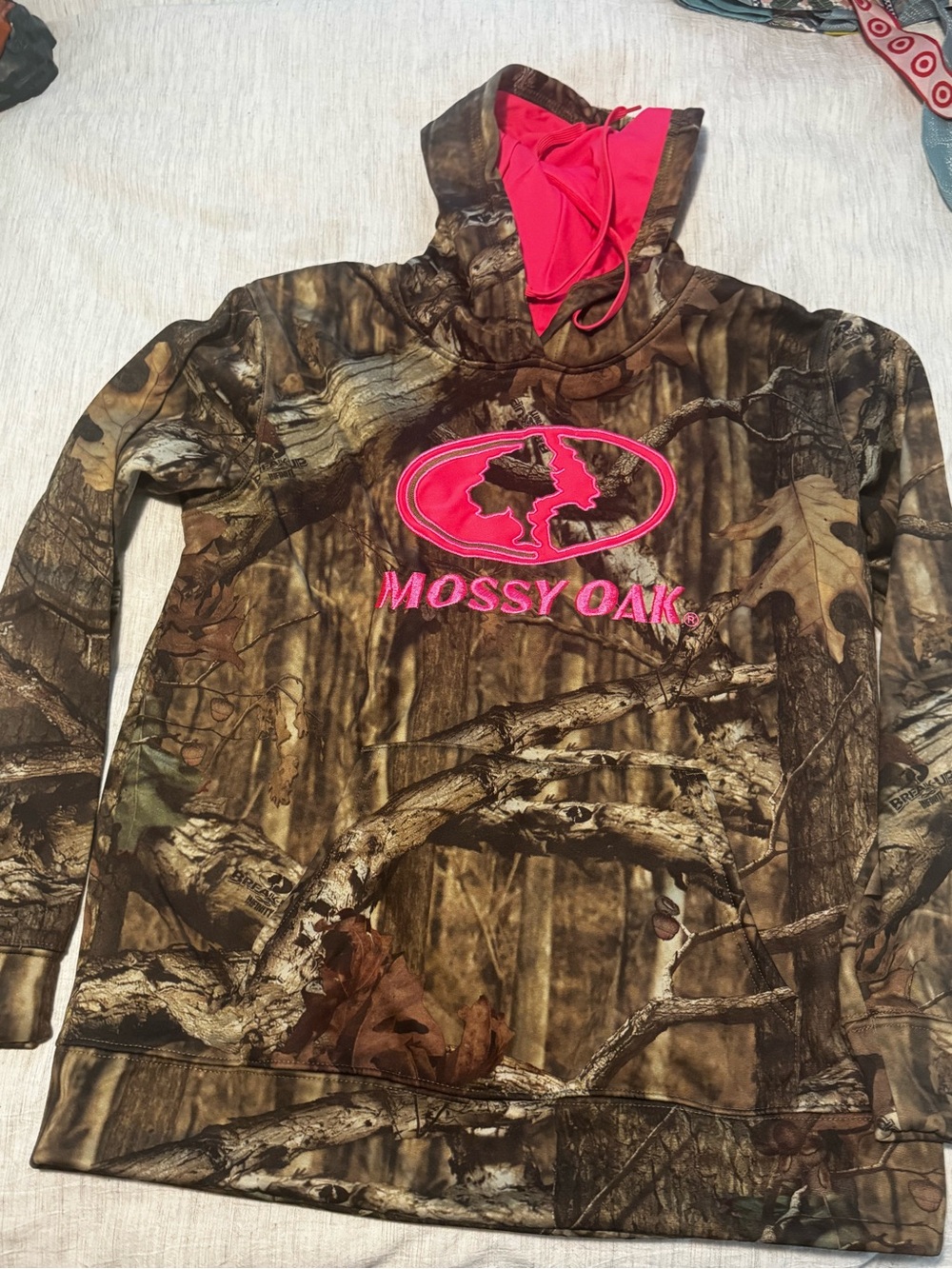Mossy Oak Brown Camo Hoodie with Pink Logo and Hood Lining